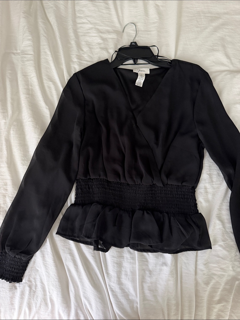 Black Smocked Waist Peplum Blouse